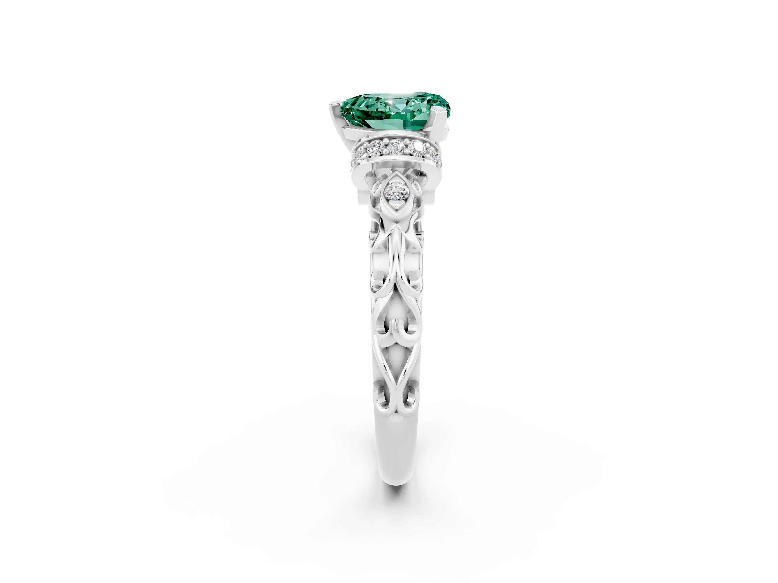 White gold Heart Cut Green Sapphire Solitaire Ring with Filigree Band and Four-Prong Setting_26