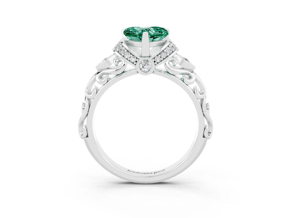 Platinum Heart Cut Green Sapphire Solitaire Ring with Filigree Band and Four-Prong Setting