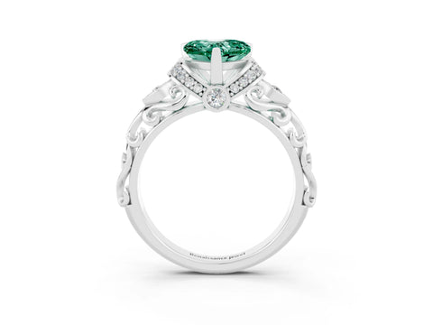 White gold Heart Cut Green Sapphire Solitaire Ring with Filigree Band and Four-Prong Setting_27
