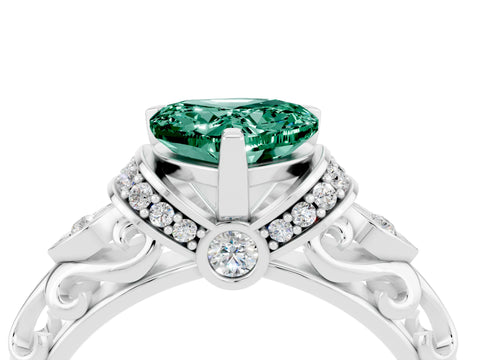 White gold Heart Cut Green Sapphire Solitaire Ring with Filigree Band and Four-Prong Setting_28