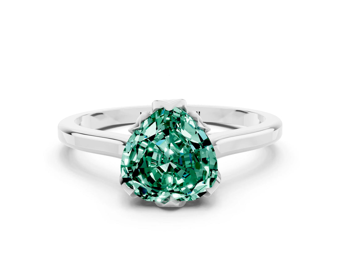 White gold Heart Cut Green Sapphire Solitaire Ring with Flower Prong Setting and Classic Band_12