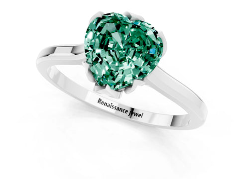 White gold Heart Cut Green Sapphire Solitaire Ring with Flower Prong Setting and Classic Band_13