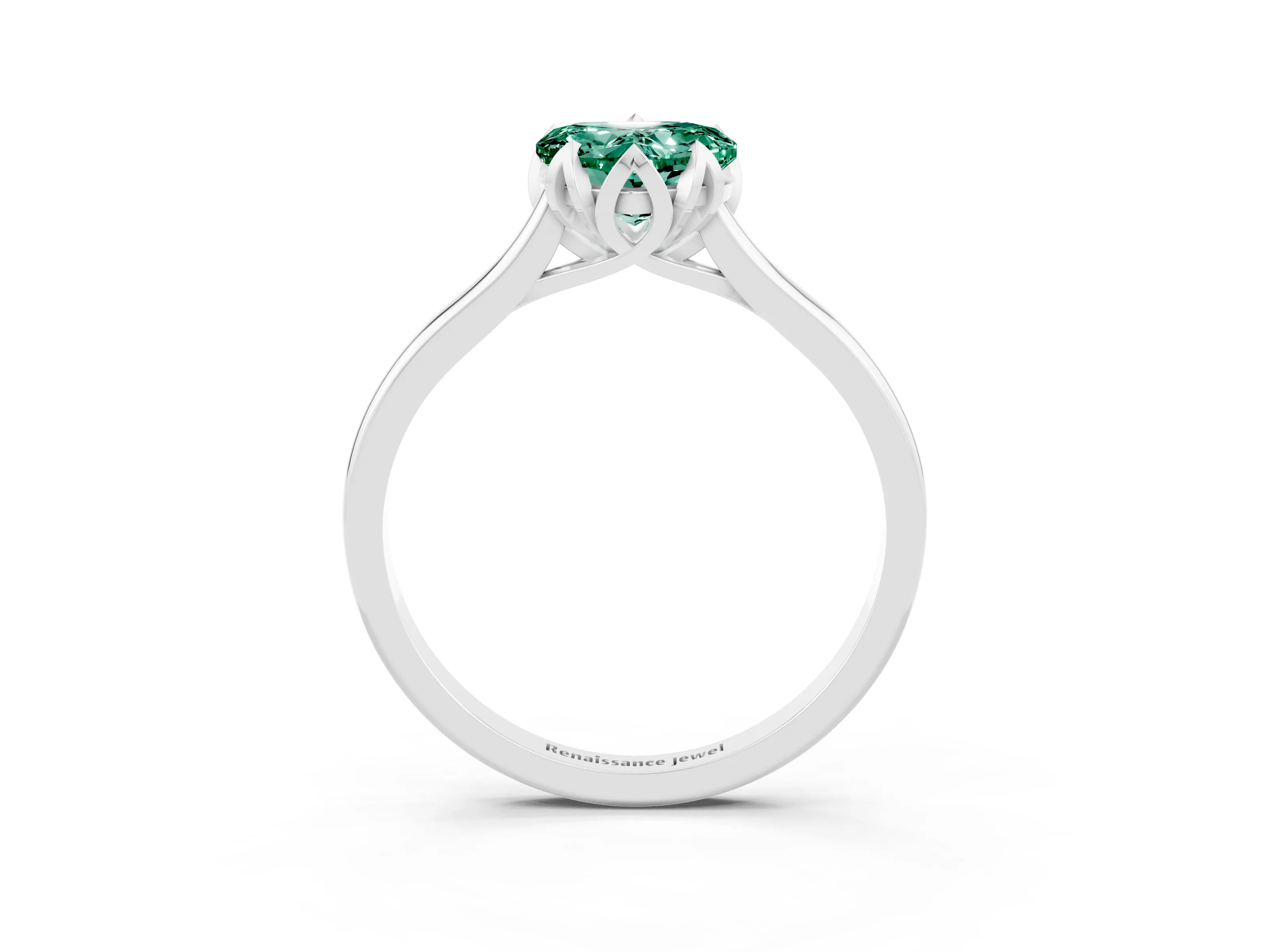 White gold Heart Cut Green Sapphire Solitaire Ring with Flower Prong Setting and Classic Band_15