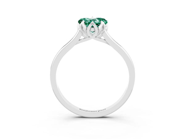 White gold Heart Cut Green Sapphire Solitaire Ring with Flower Prong Setting and Classic Band