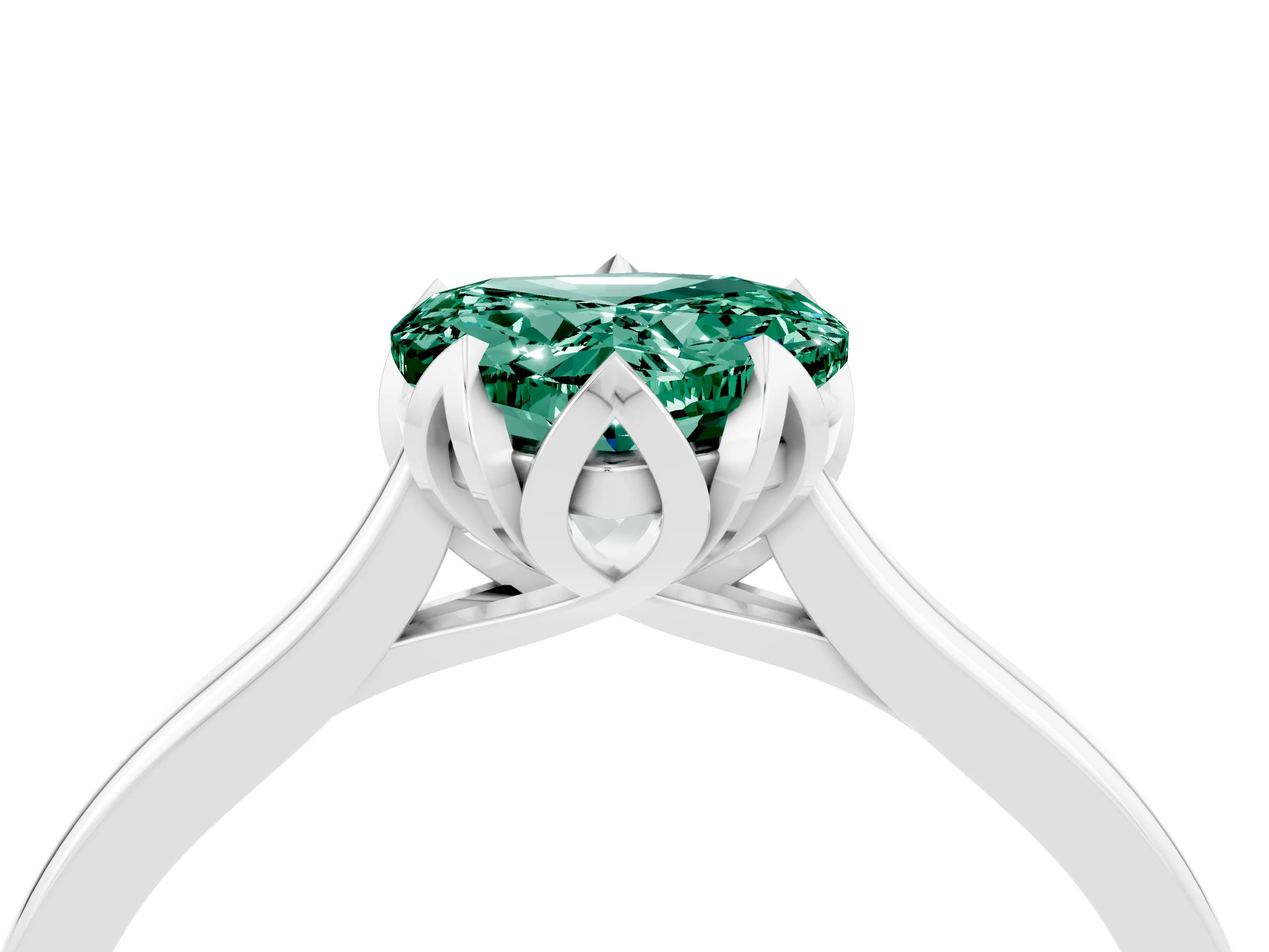 White gold Heart Cut Green Sapphire Solitaire Ring with Flower Prong Setting and Classic Band_16