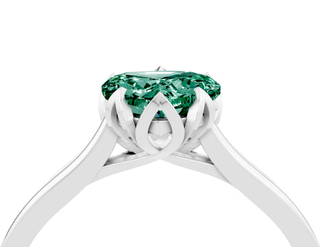 White gold Heart Cut Green Sapphire Solitaire Ring with Flower Prong Setting and Classic Band_16