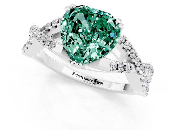 Platinum Heart Cut Green Sapphire Solitaire Ring with Four-Prong Setting and Twisted Pavé Band