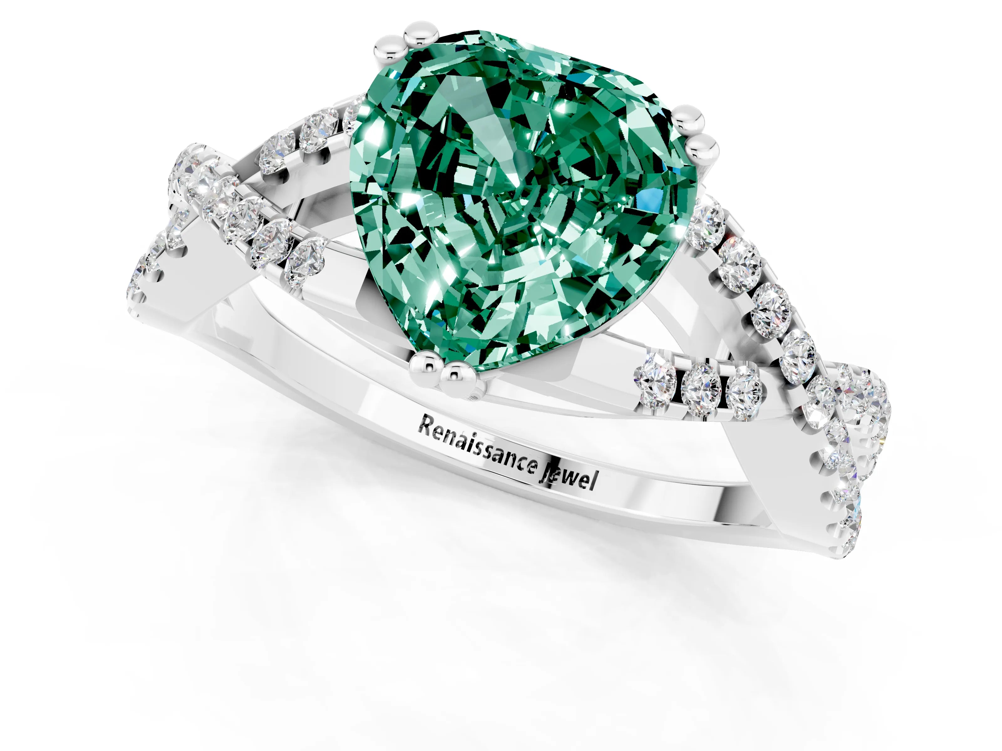 White gold Heart Cut Green Sapphire Solitaire Ring with Four-Prong Setting and Twisted Pavé Band_1