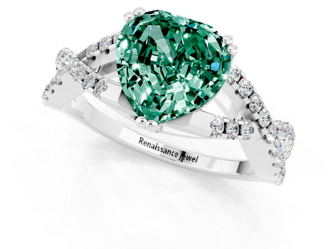 White gold Heart Cut Green Sapphire Solitaire Ring with Four-Prong Setting and Twisted Pavé Band_1