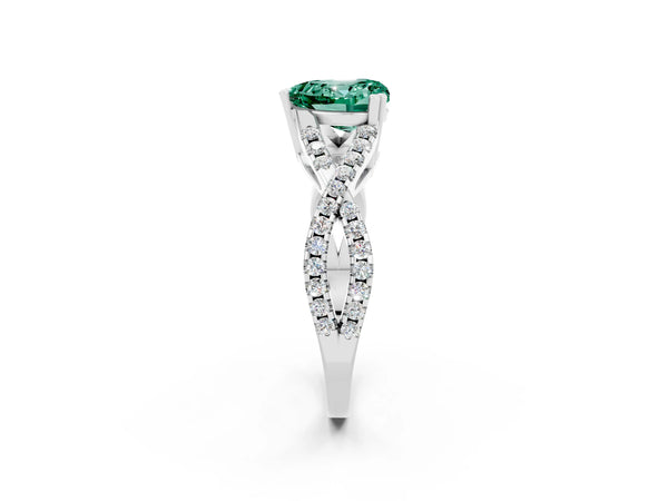 White gold Heart Cut Green Sapphire Solitaire Ring with Four-Prong Setting and Twisted Pavé Band