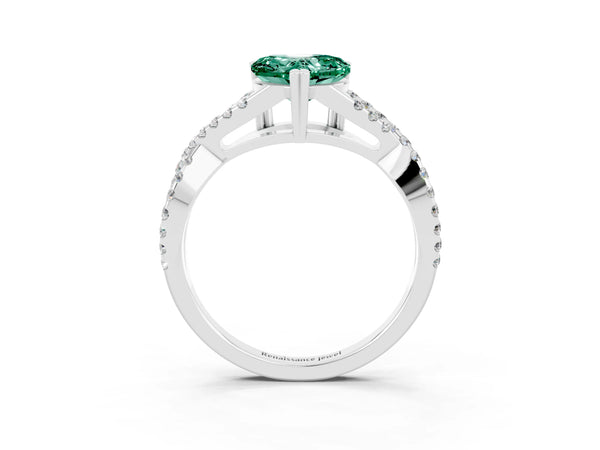 White gold Heart Cut Green Sapphire Solitaire Ring with Four-Prong Setting and Twisted Pavé Band