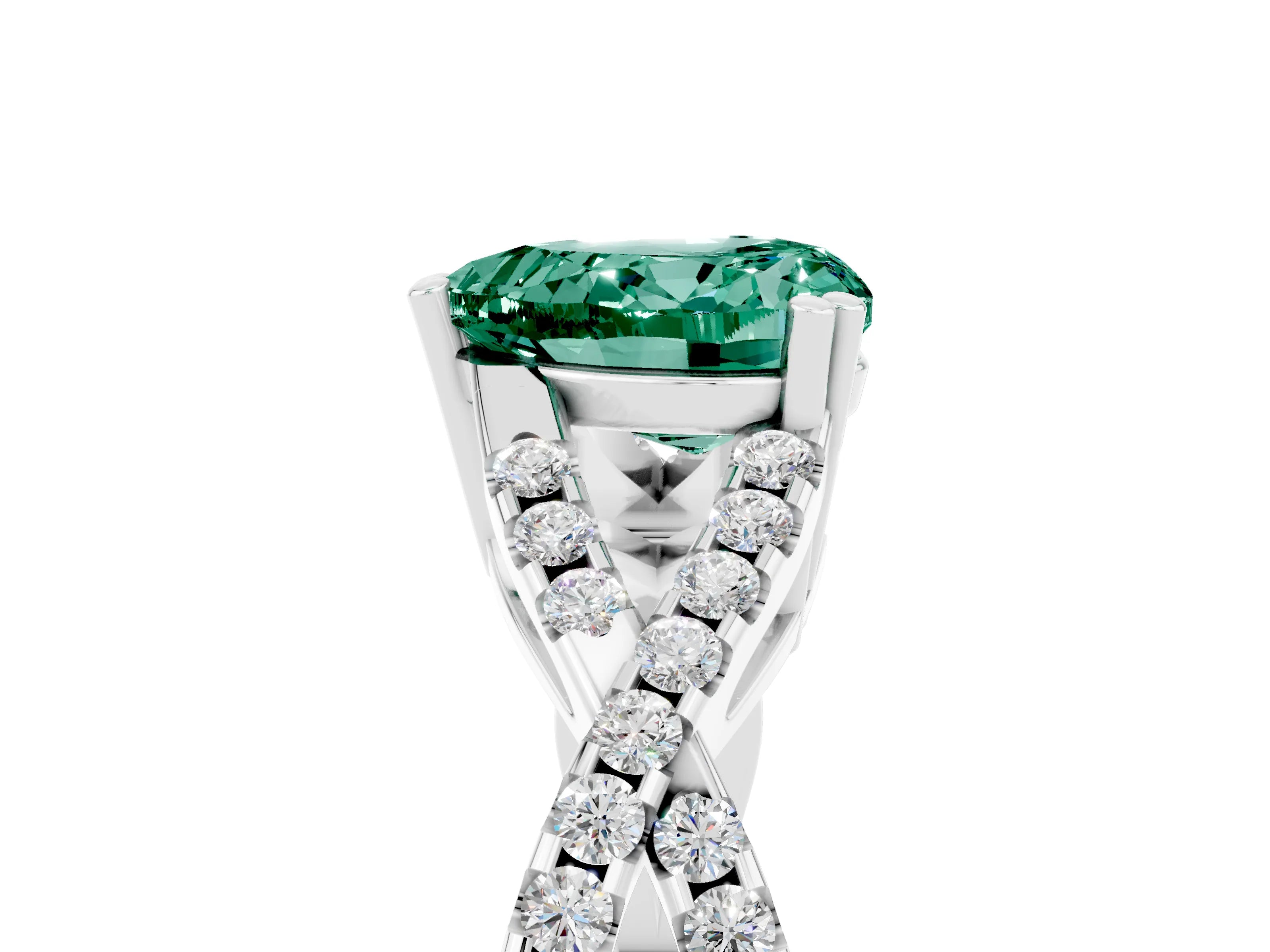 White gold Heart Cut Green Sapphire Solitaire Ring with Four-Prong Setting and Twisted Pavé Band_5