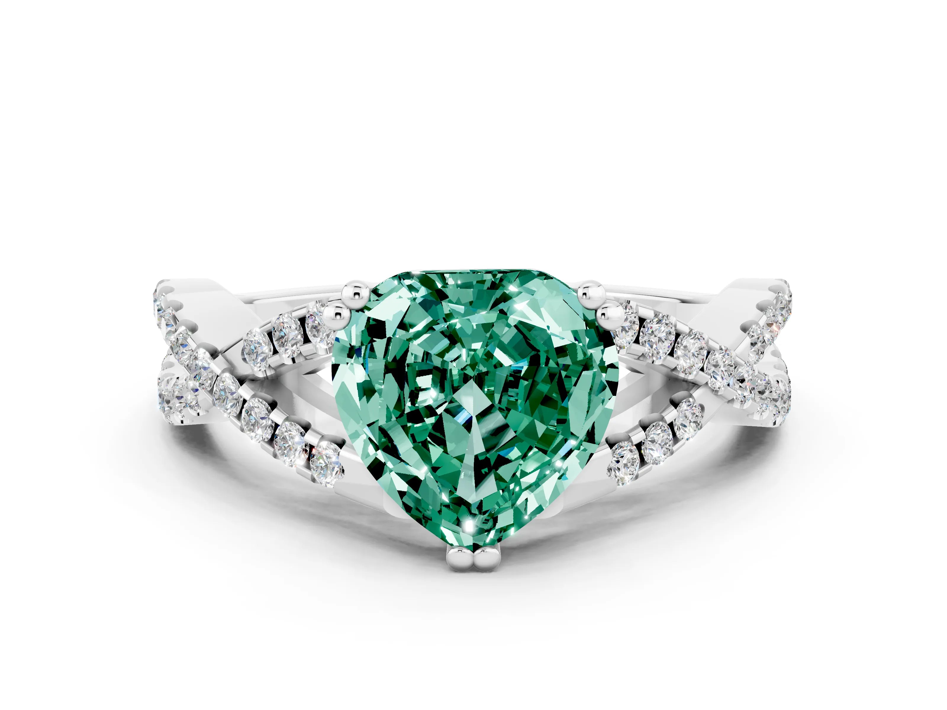 White gold Heart Cut Green Sapphire Solitaire Ring with Four-Prong Setting and Twisted Pavé Band