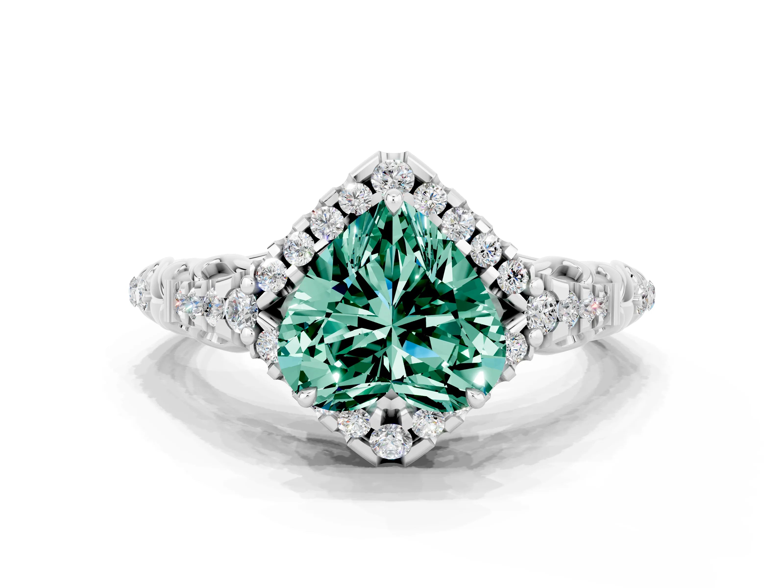 White gold Heart Cut Green Sapphire Solitaire Ring with Hidden Halo and Pavé Band_12