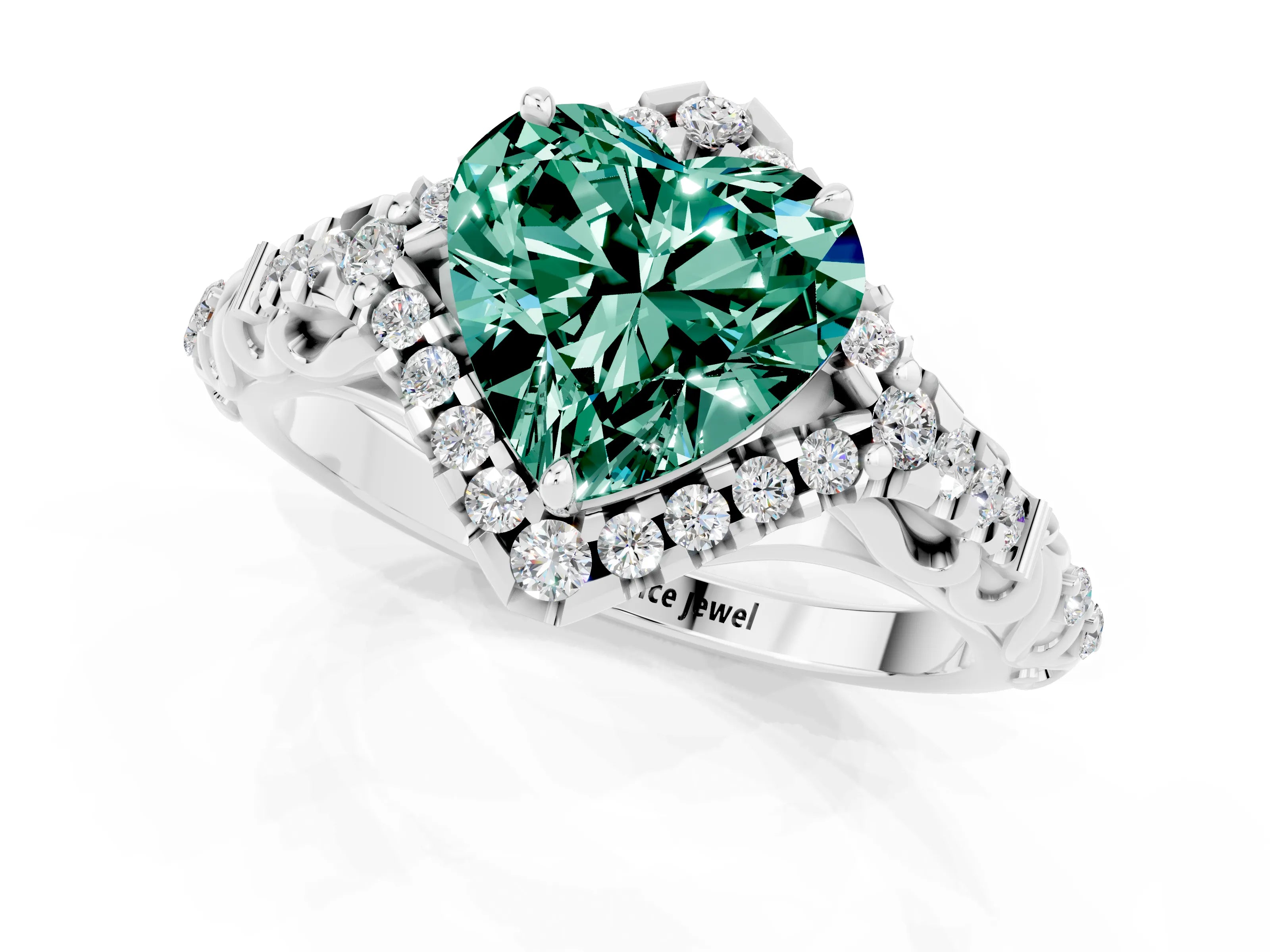 White gold Heart Cut Green Sapphire Solitaire Ring with Hidden Halo and Pavé Band_13