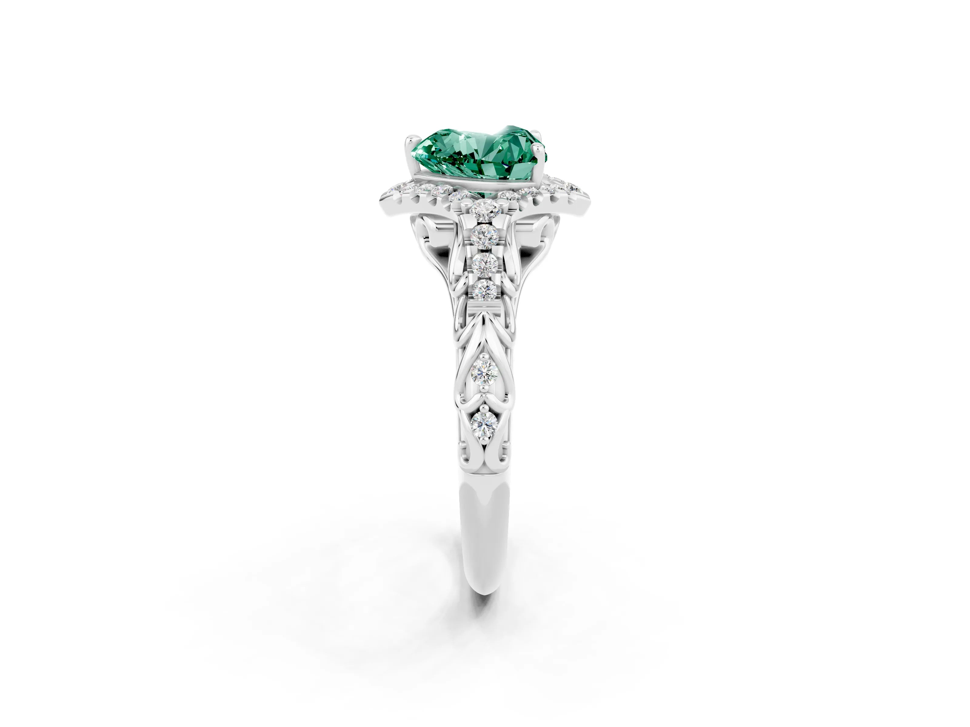 White gold Heart Cut Green Sapphire Solitaire Ring with Hidden Halo and Pavé Band_14