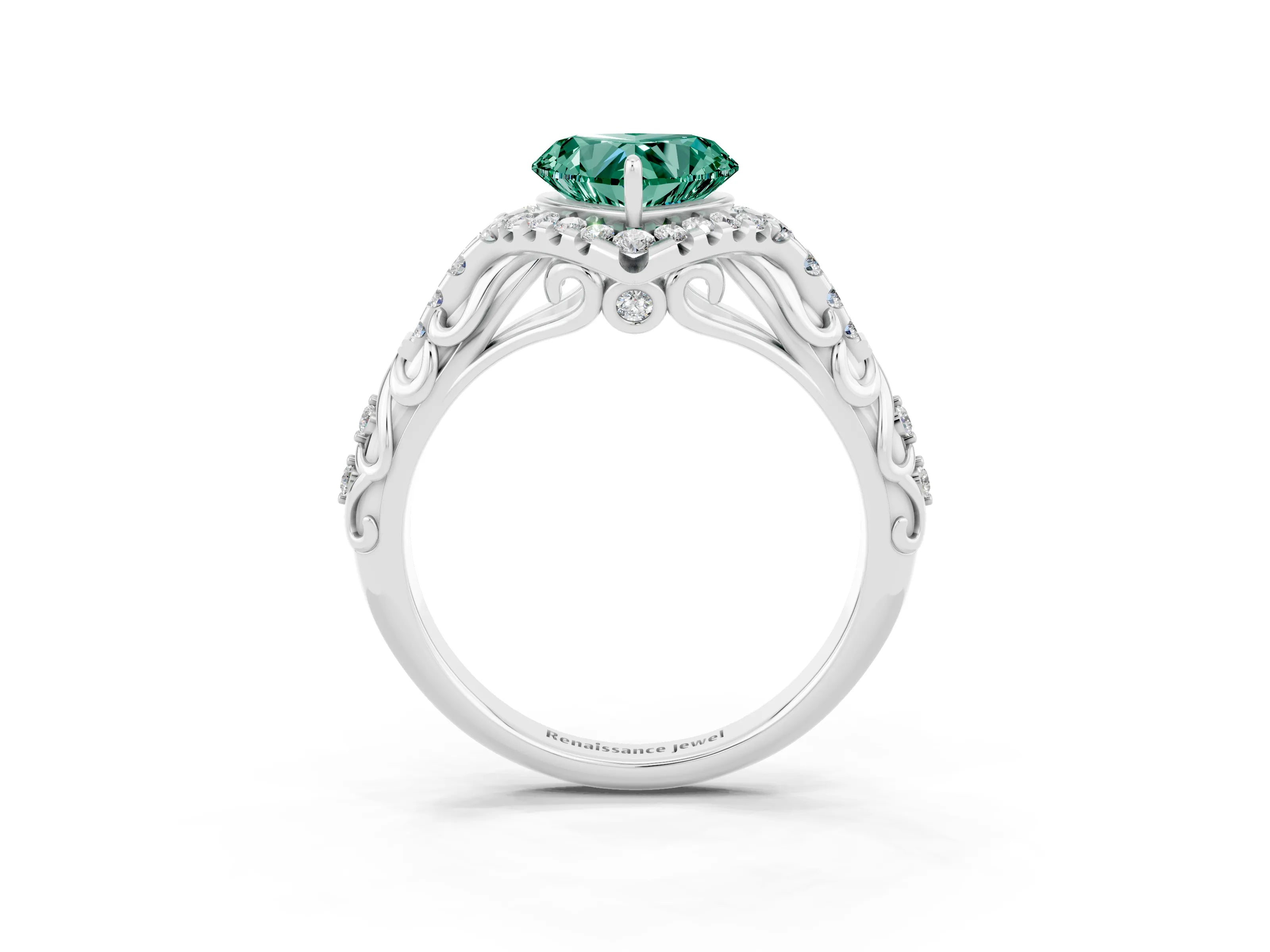 White gold Heart Cut Green Sapphire Solitaire Ring with Hidden Halo and Pavé Band_15