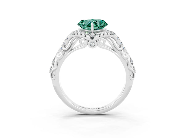 White gold Heart Cut Green Sapphire Solitaire Ring with Hidden Halo and Pavé Band