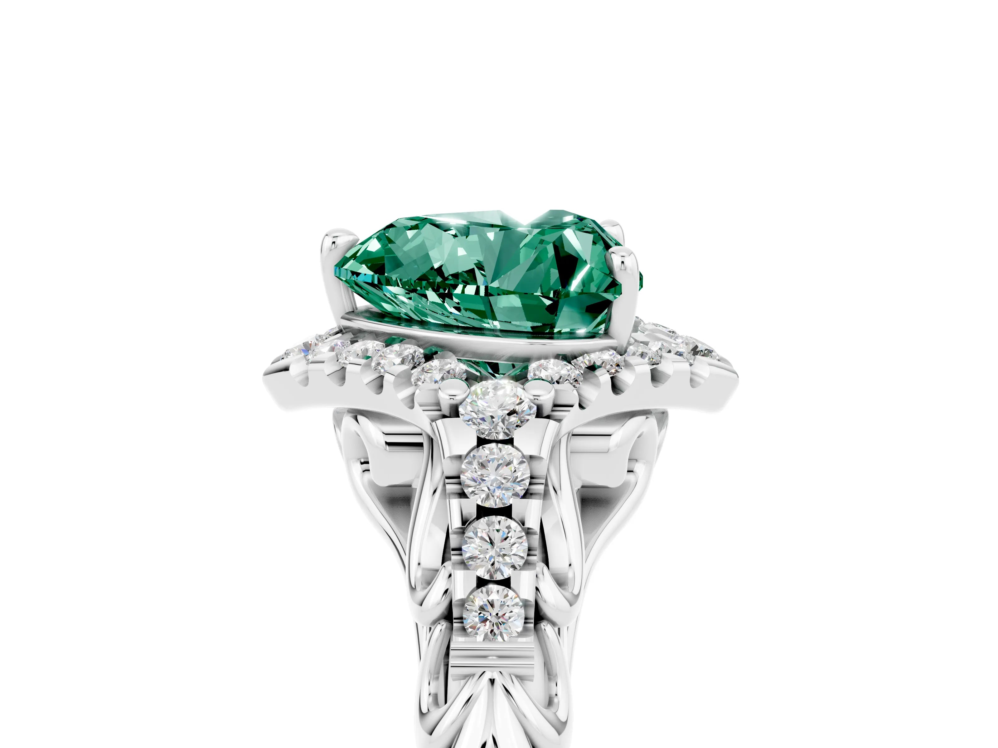 White gold Heart Cut Green Sapphire Solitaire Ring with Hidden Halo and Pavé Band_17