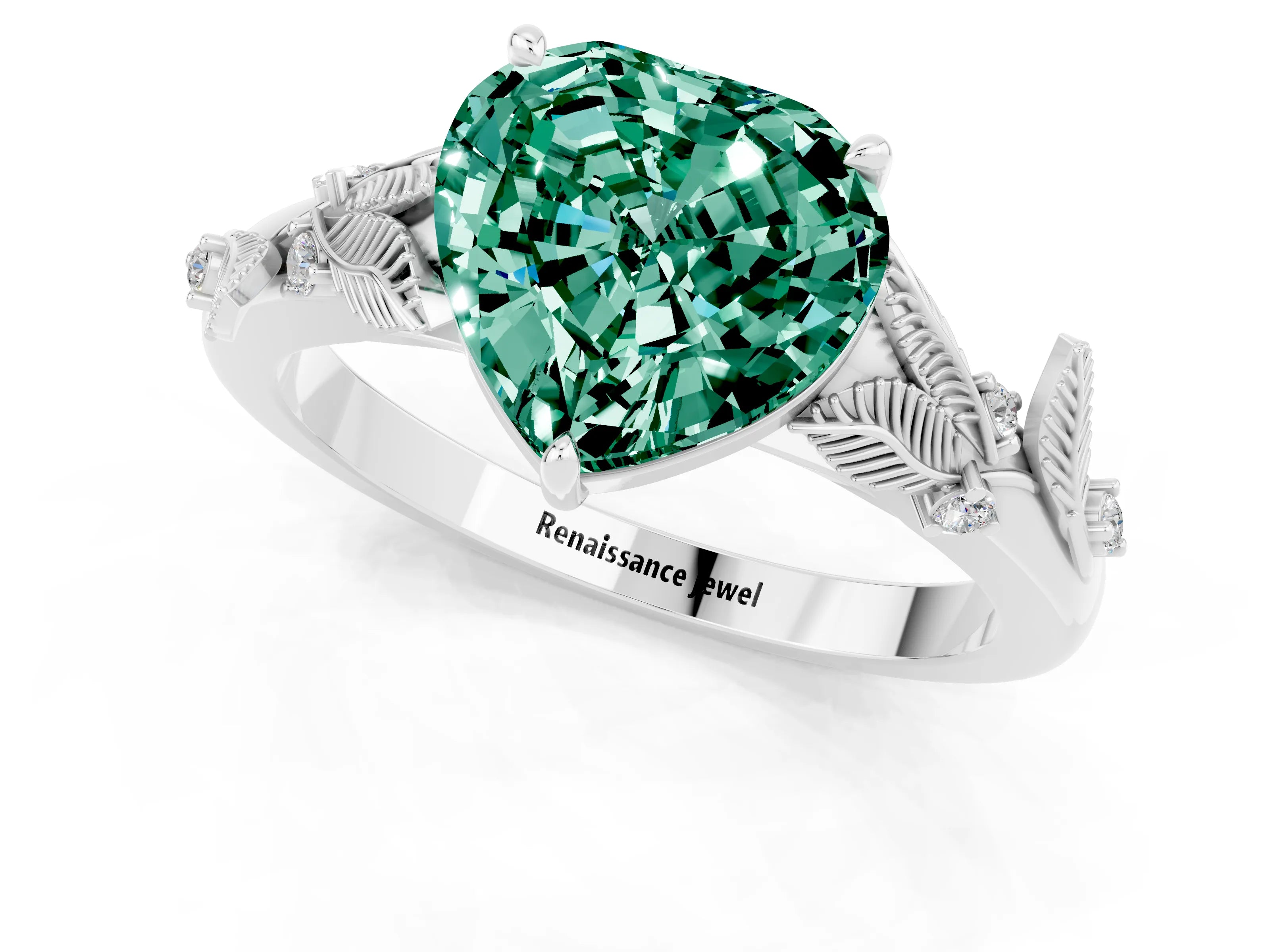 White gold Heart Cut Green Sapphire Solitaire Ring with Leaf Motif Band and Four-Prong Setting_1