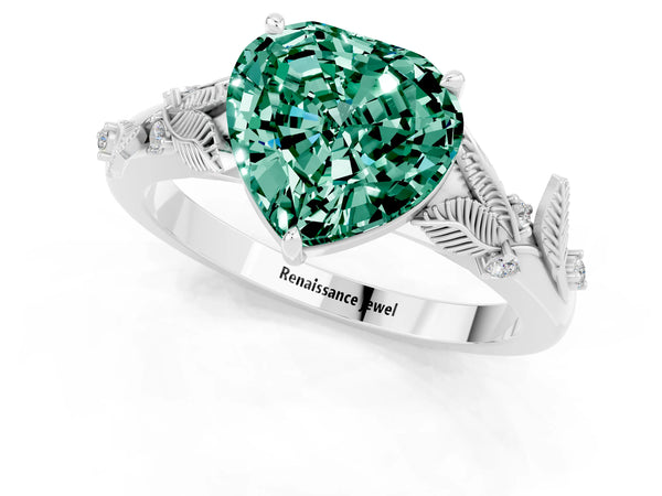 Platinum Heart Cut Green Sapphire Solitaire Ring with Leaf Motif Band and Four-Prong Setting