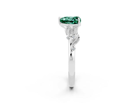 White gold Heart Cut Green Sapphire Solitaire Ring with Leaf Motif Band and Four-Prong Setting_14