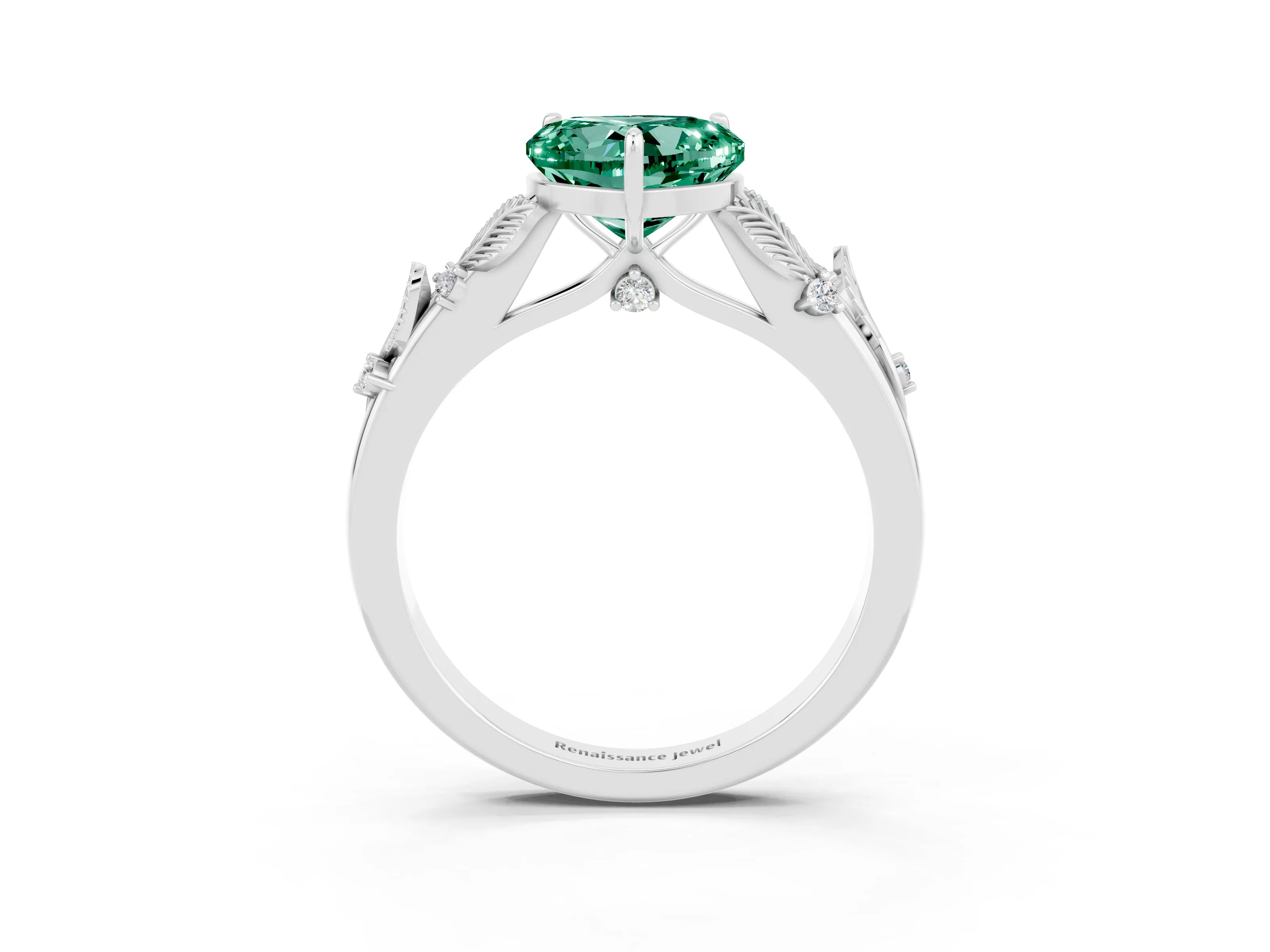 White gold Heart Cut Green Sapphire Solitaire Ring with Leaf Motif Band and Four-Prong Setting_3