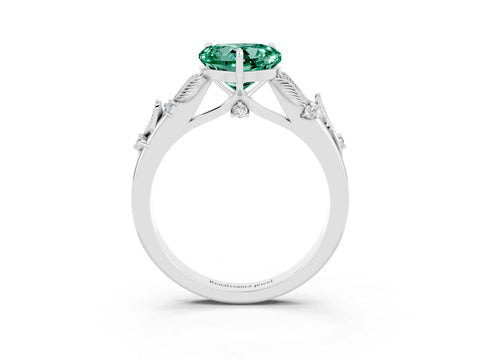 White gold Heart Cut Green Sapphire Solitaire Ring with Leaf Motif Band and Four-Prong Setting_3