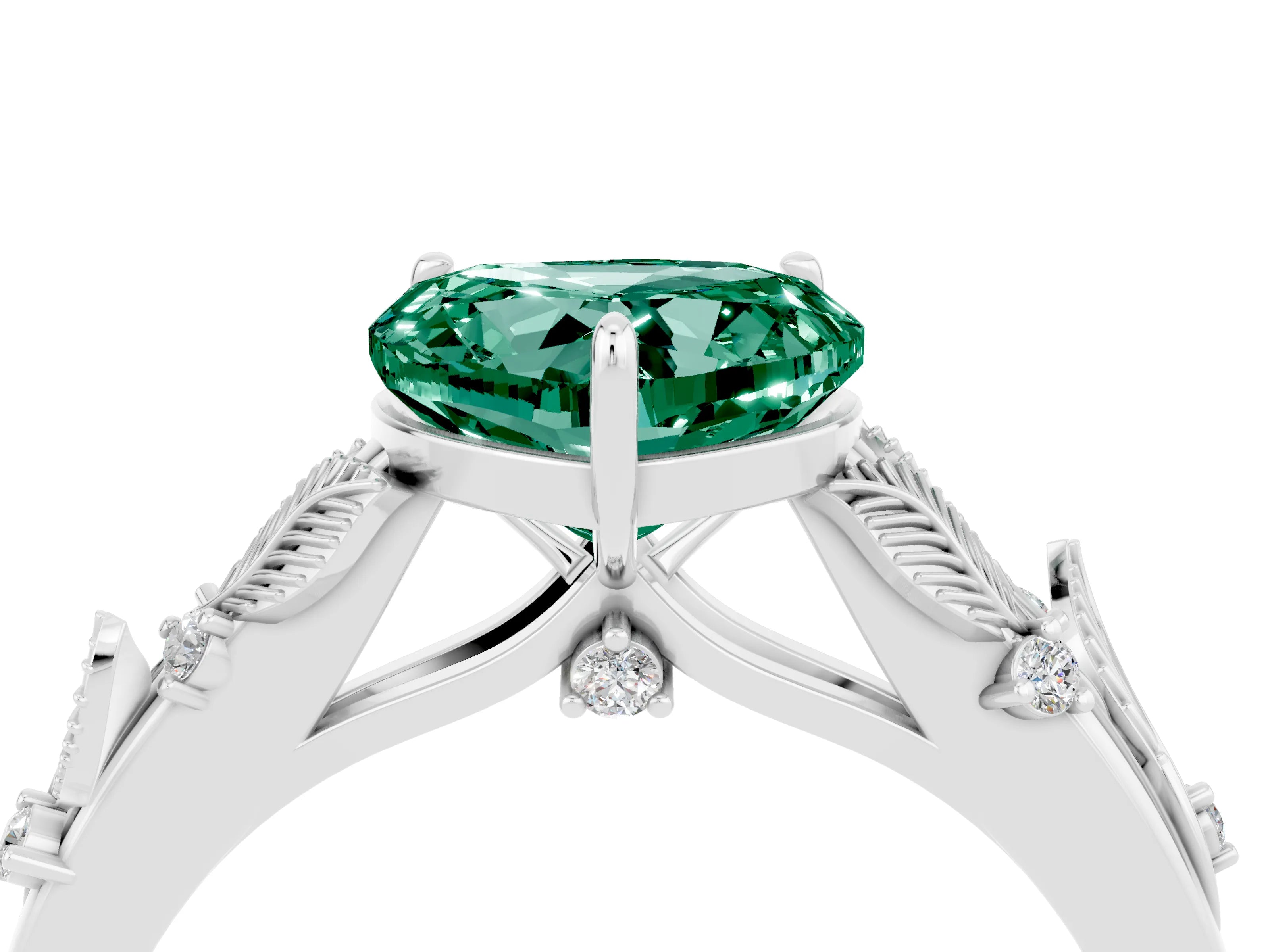 White gold Heart Cut Green Sapphire Solitaire Ring with Leaf Motif Band and Four-Prong Setting_4