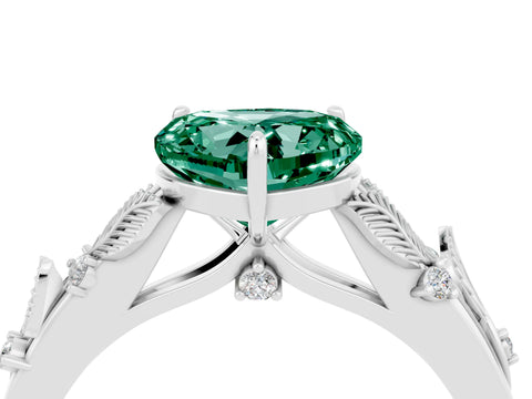 White gold Heart Cut Green Sapphire Solitaire Ring with Leaf Motif Band and Four-Prong Setting_4
