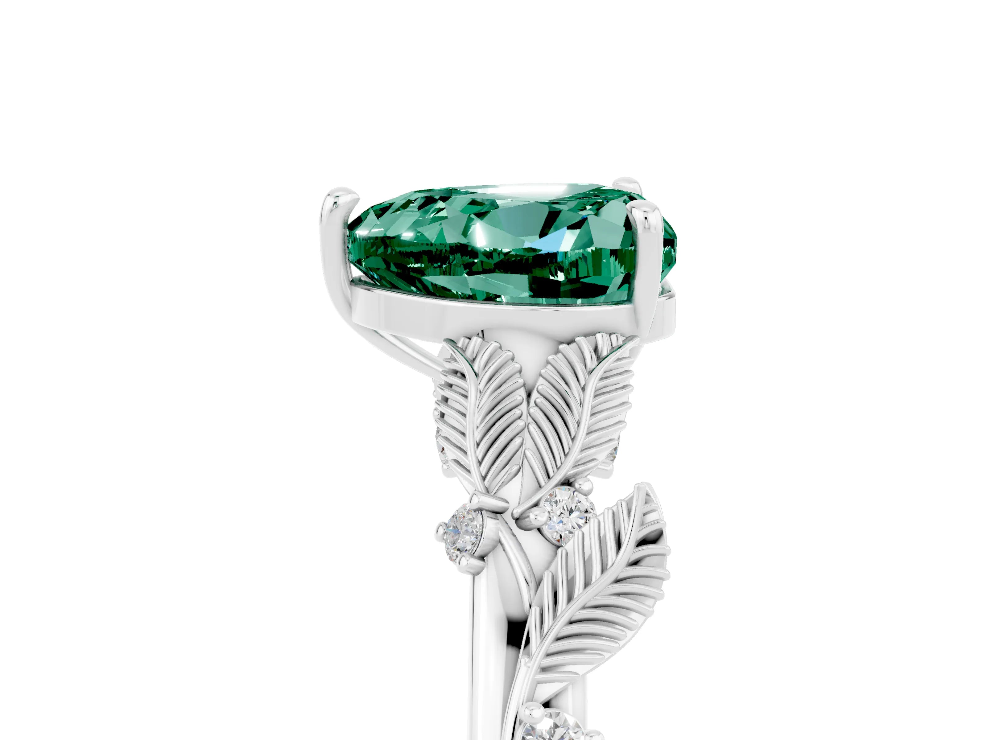 White gold Heart Cut Green Sapphire Solitaire Ring with Leaf Motif Band and Four-Prong Setting_5