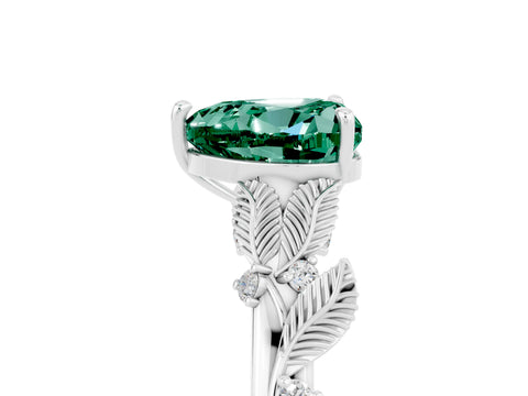 White gold Heart Cut Green Sapphire Solitaire Ring with Leaf Motif Band and Four-Prong Setting_5