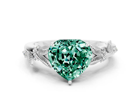 White gold Heart Cut Green Sapphire Solitaire Ring with Leaf Motif Band and Four-Prong Setting