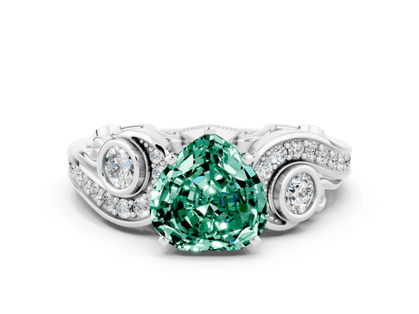 Platinum Heart Cut Green Sapphire Solitaire Ring with Milgrain Pavé Band and Four-Prong Setting