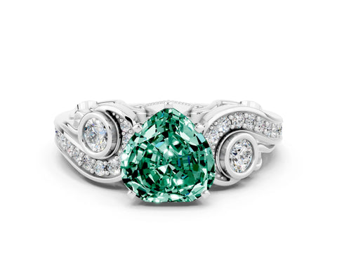 White gold Heart Cut Green Sapphire Solitaire Ring with Milgrain Pavé Band and Four-Prong Setting_12