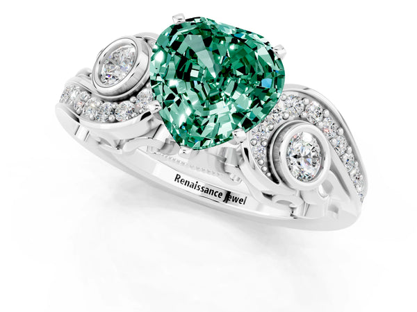 Silver Heart Cut Green Sapphire Solitaire Ring with Milgrain Pavé Band and Four-Prong Setting