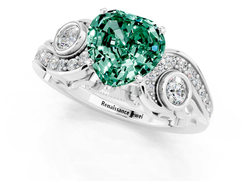 White gold Heart Cut Green Sapphire Solitaire Ring with Milgrain Pavé Band and Four-Prong Setting_13