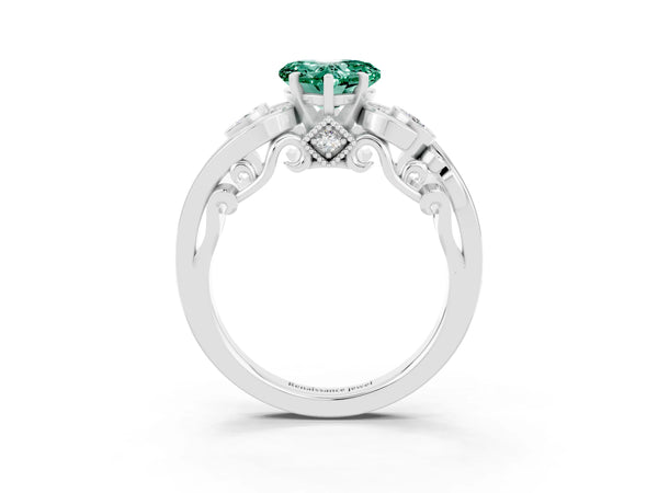 Silver Heart Cut Green Sapphire Solitaire Ring with Milgrain Pavé Band and Four-Prong Setting