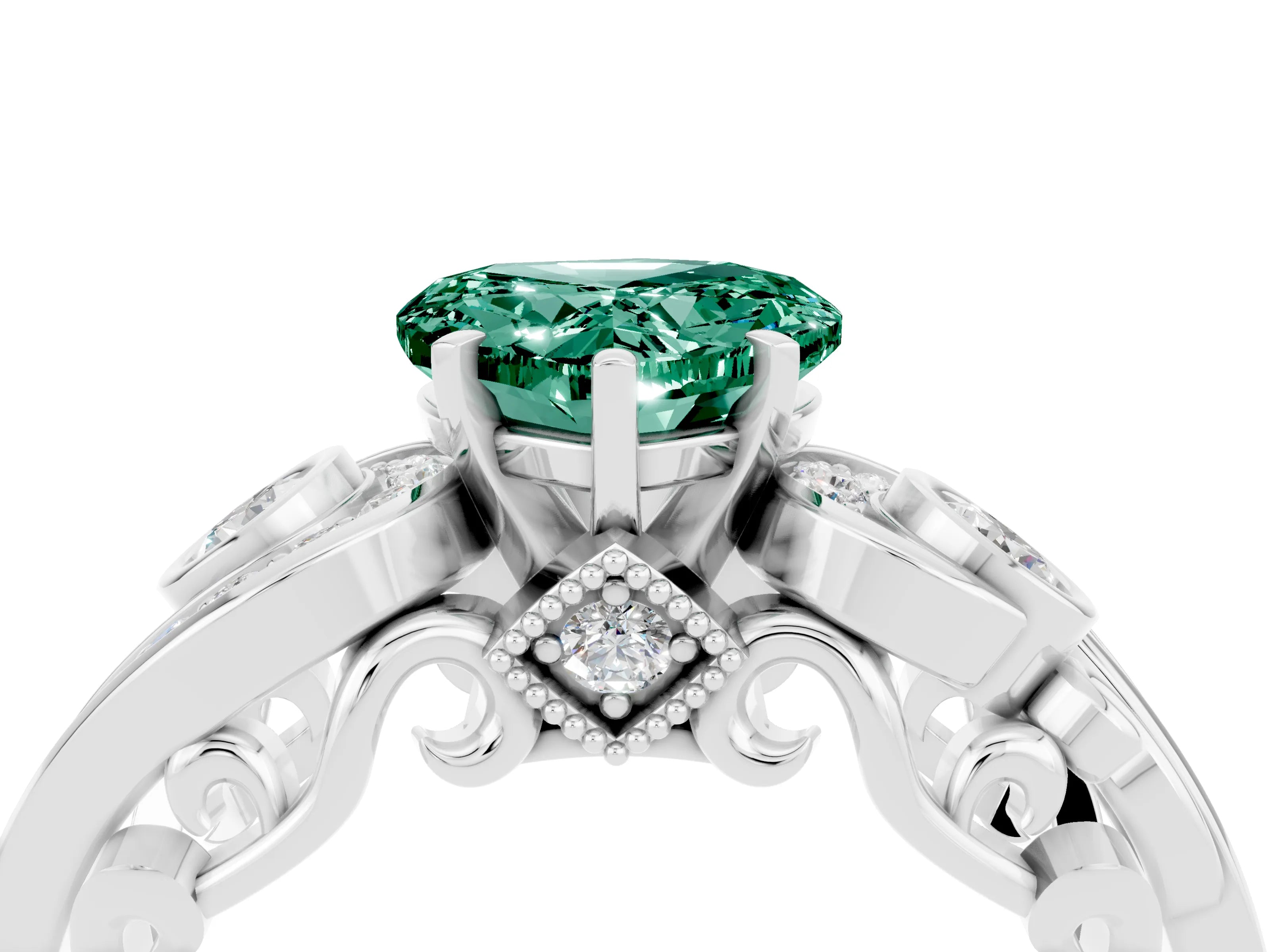 White gold Heart Cut Green Sapphire Solitaire Ring with Milgrain Pavé Band and Four-Prong Setting_16