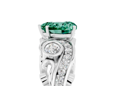 White gold Heart Cut Green Sapphire Solitaire Ring with Milgrain Pavé Band and Four-Prong Setting_17