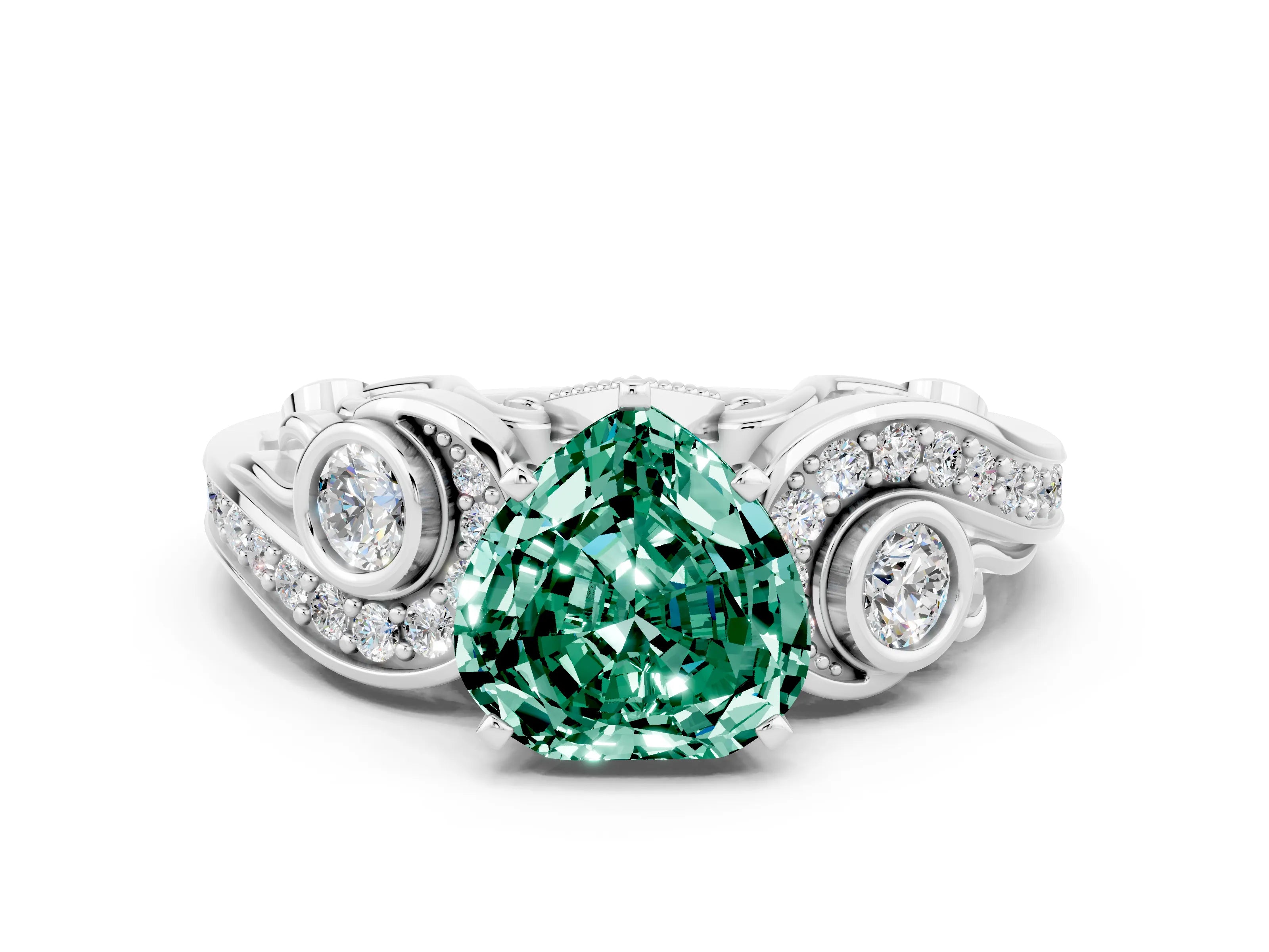 White gold Heart Cut Green Sapphire Solitaire Ring with Milgrain Pavé Band and Four-Prong Setting_48