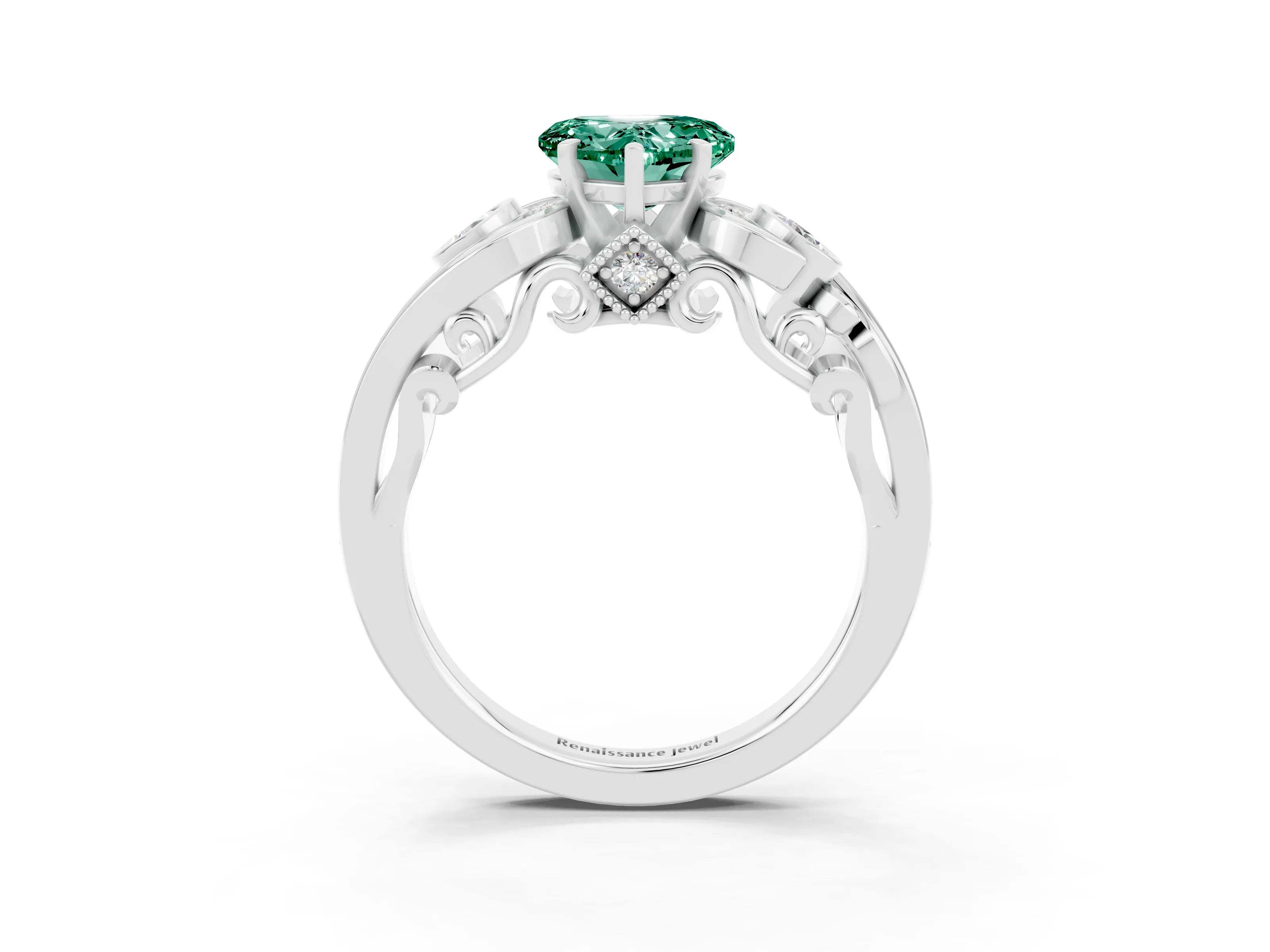 White gold Heart Cut Green Sapphire Solitaire Ring with Milgrain Pavé Band and Four-Prong Setting_51