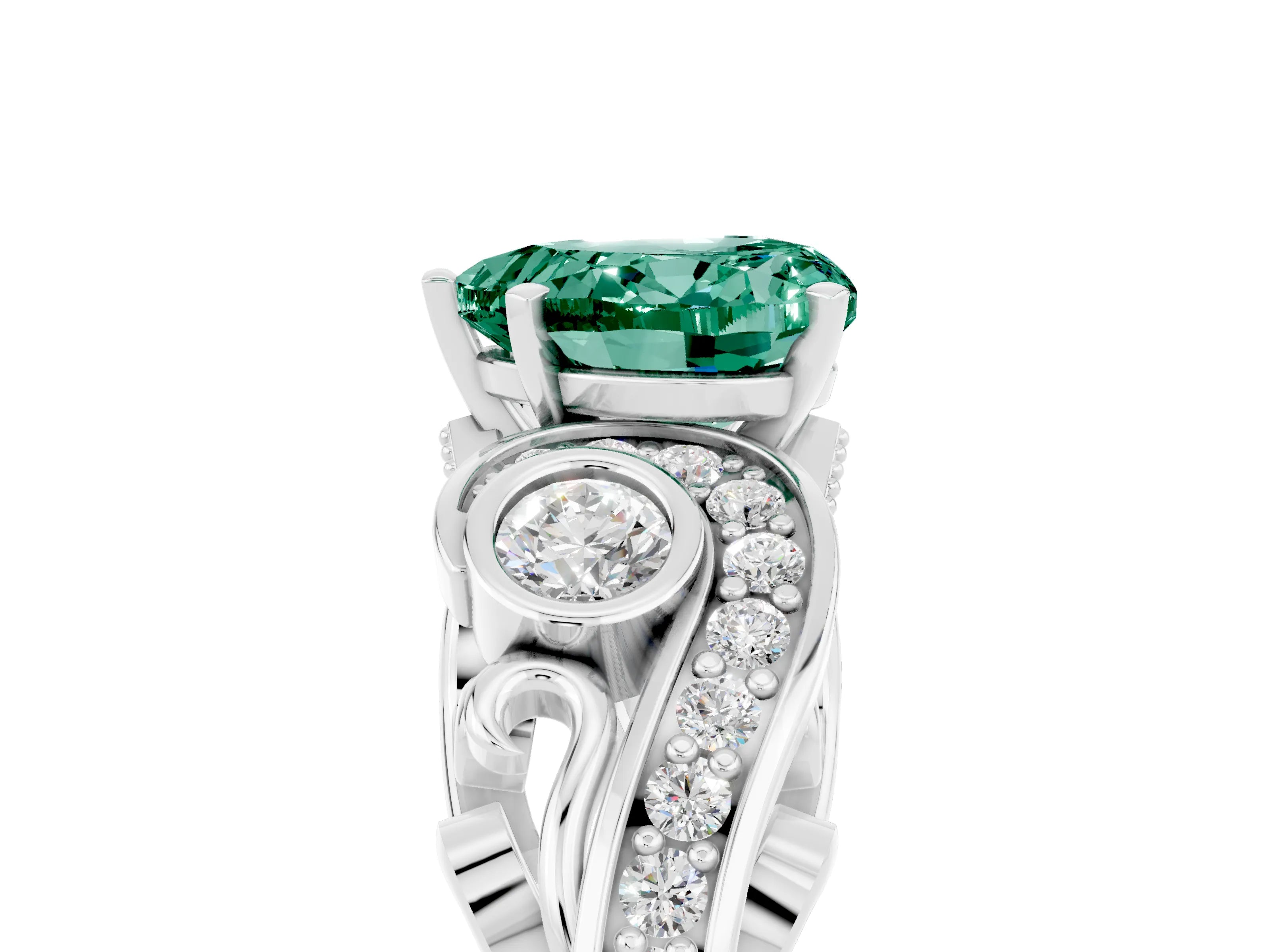 White gold Heart Cut Green Sapphire Solitaire Ring with Milgrain Pavé Band and Four-Prong Setting_53