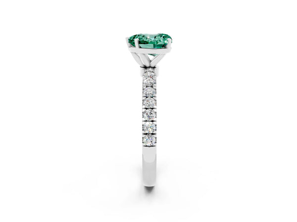 White gold Heart Cut Green Sapphire Solitaire Ring with Pavé Accents and Four-Prong Setting
