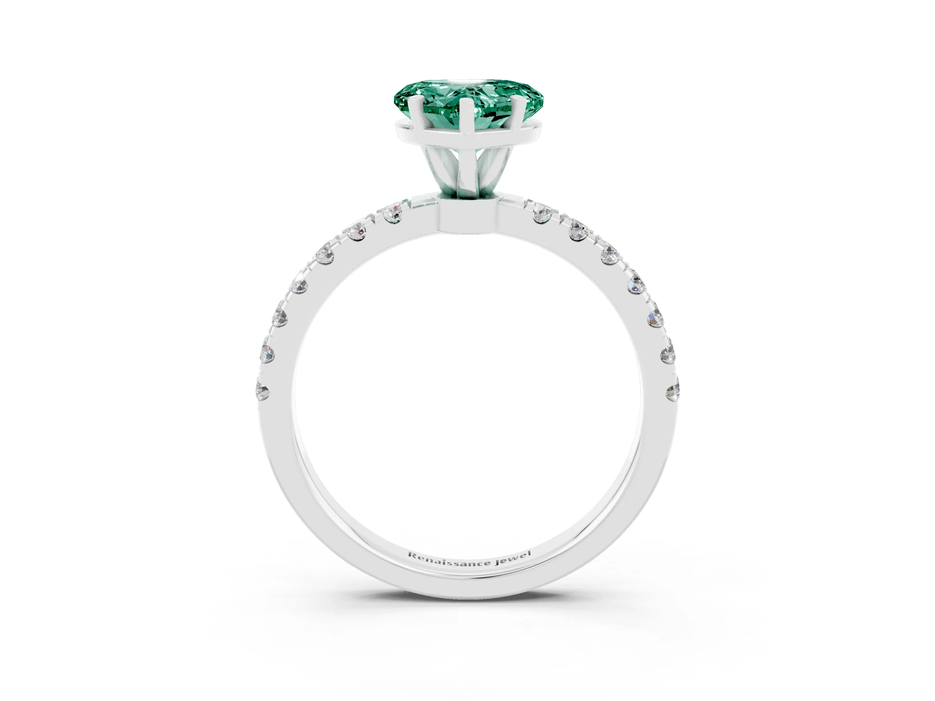 White gold Heart Cut Green Sapphire Solitaire Ring with Pavé Accents and Four-Prong Setting_3