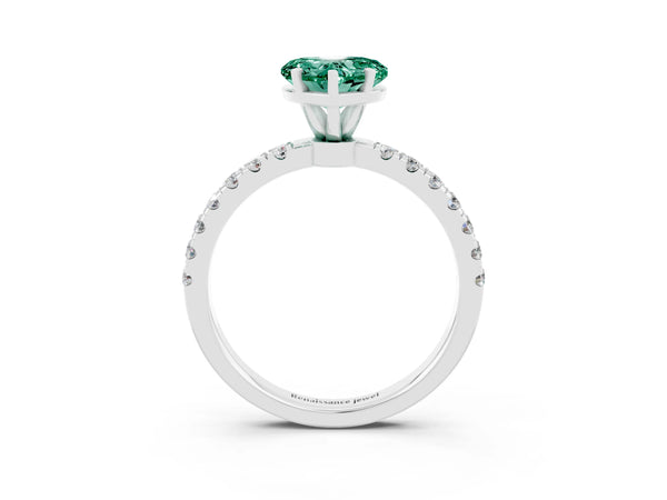 White gold Heart Cut Green Sapphire Solitaire Ring with Pavé Accents and Four-Prong Setting