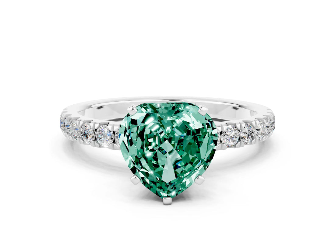 White gold Heart Cut Green Sapphire Solitaire Ring with Pavé Accents and Four-Prong Setting