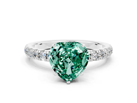 White gold Heart Cut Green Sapphire Solitaire Ring with Pavé Accents and Four-Prong Setting