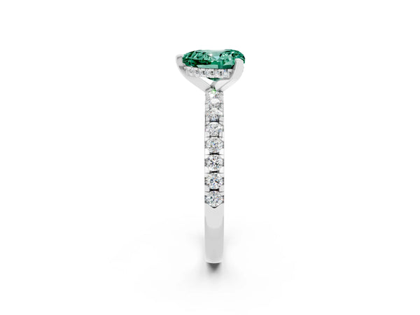 Silver Heart Cut Green Sapphire Solitaire Ring with Round  Pavé Band and Four-Prong Setting