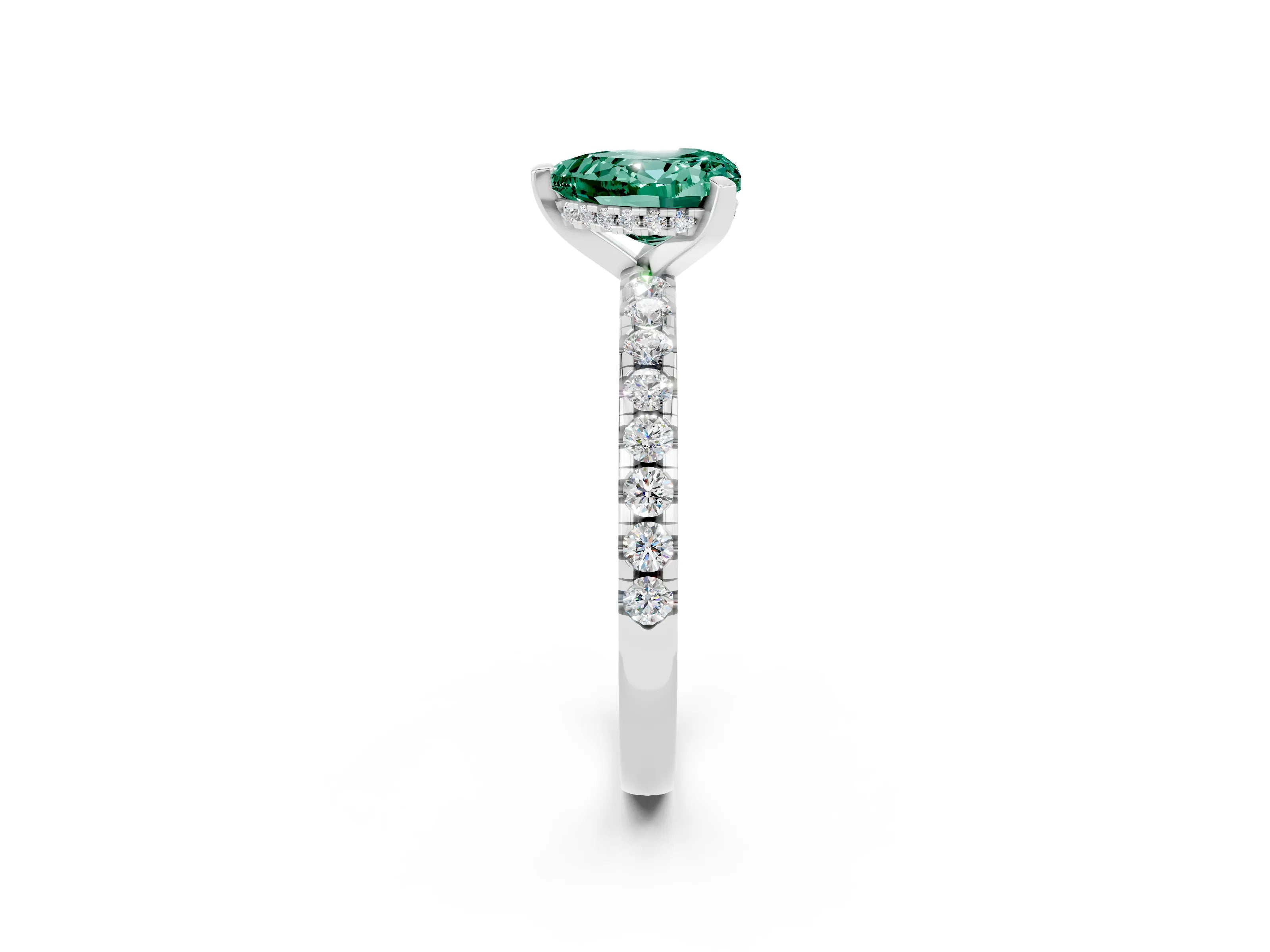 White gold Heart Cut Green Sapphire Solitaire Ring with Pavé Band and Four-Prong Setting_26